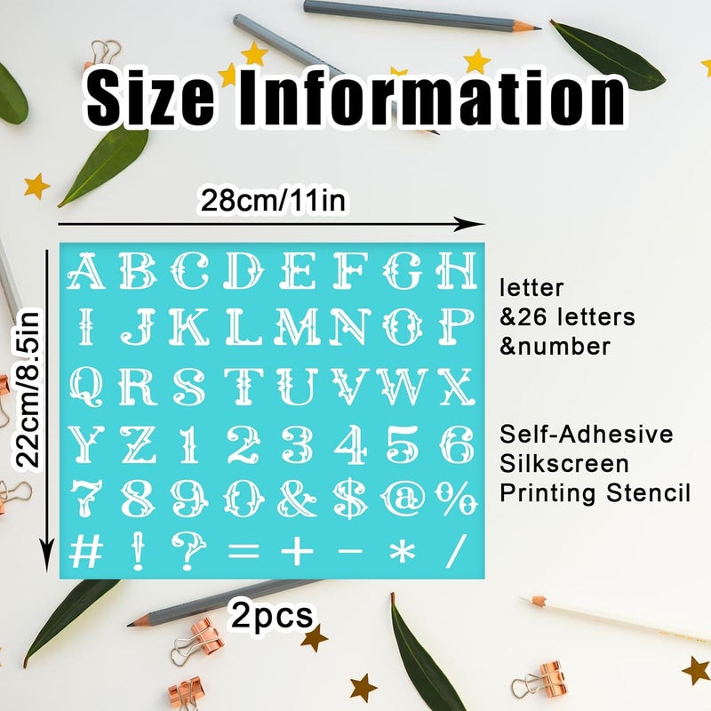 BEUNITONE 2 PCS Letters Silk Screen Stencils Symbol Numbers Silk Screen Printing Stencil 11x8.5 Reusable Alphabet Mesh Transfers Adhesive Stencil for Painting on Wood Chalkboard Wall T-Shirt - Image 2
